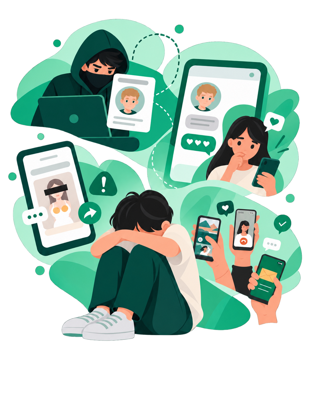 Illustrated characters facing impersonation, pressure, and the sharing of images online.