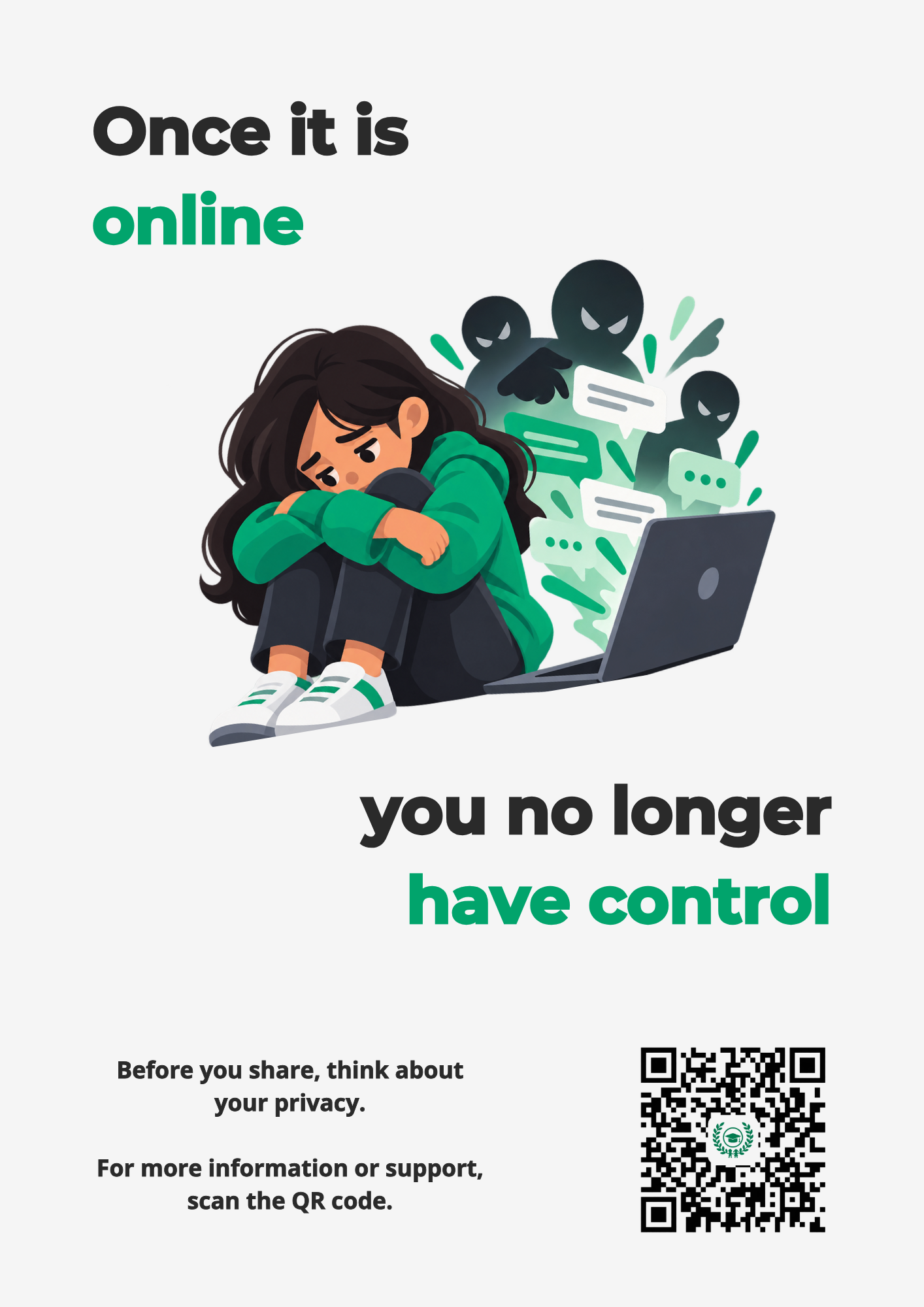 Flyer: Once it is online, you no longer have control. A young person is distressed by online messages.