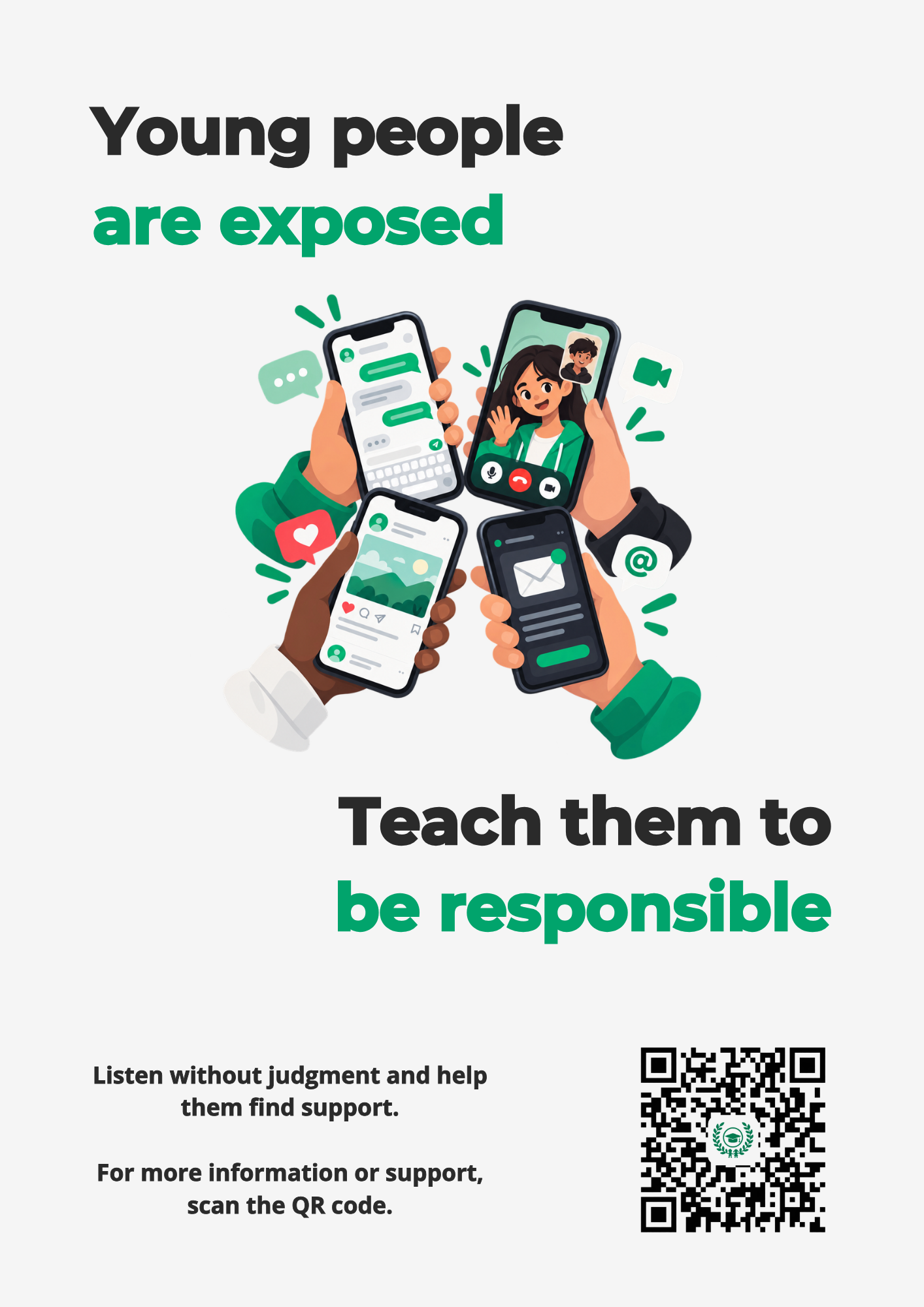 Flyer: Young people are exposed. Teach them to be responsible. Several people use phones to communicate.