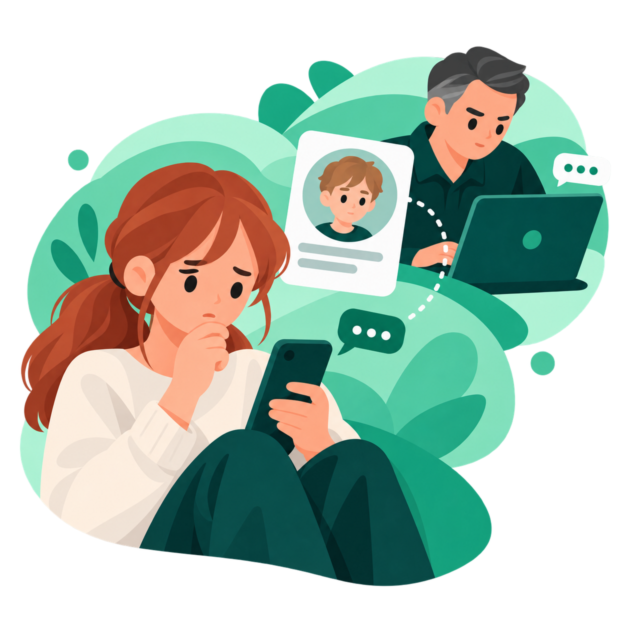 An auburn-haired teenage girl receives messages from an adult using a fake profile with a younger identity.