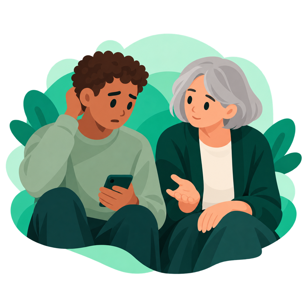A worried person talks to a trusted companion who listens attentively.