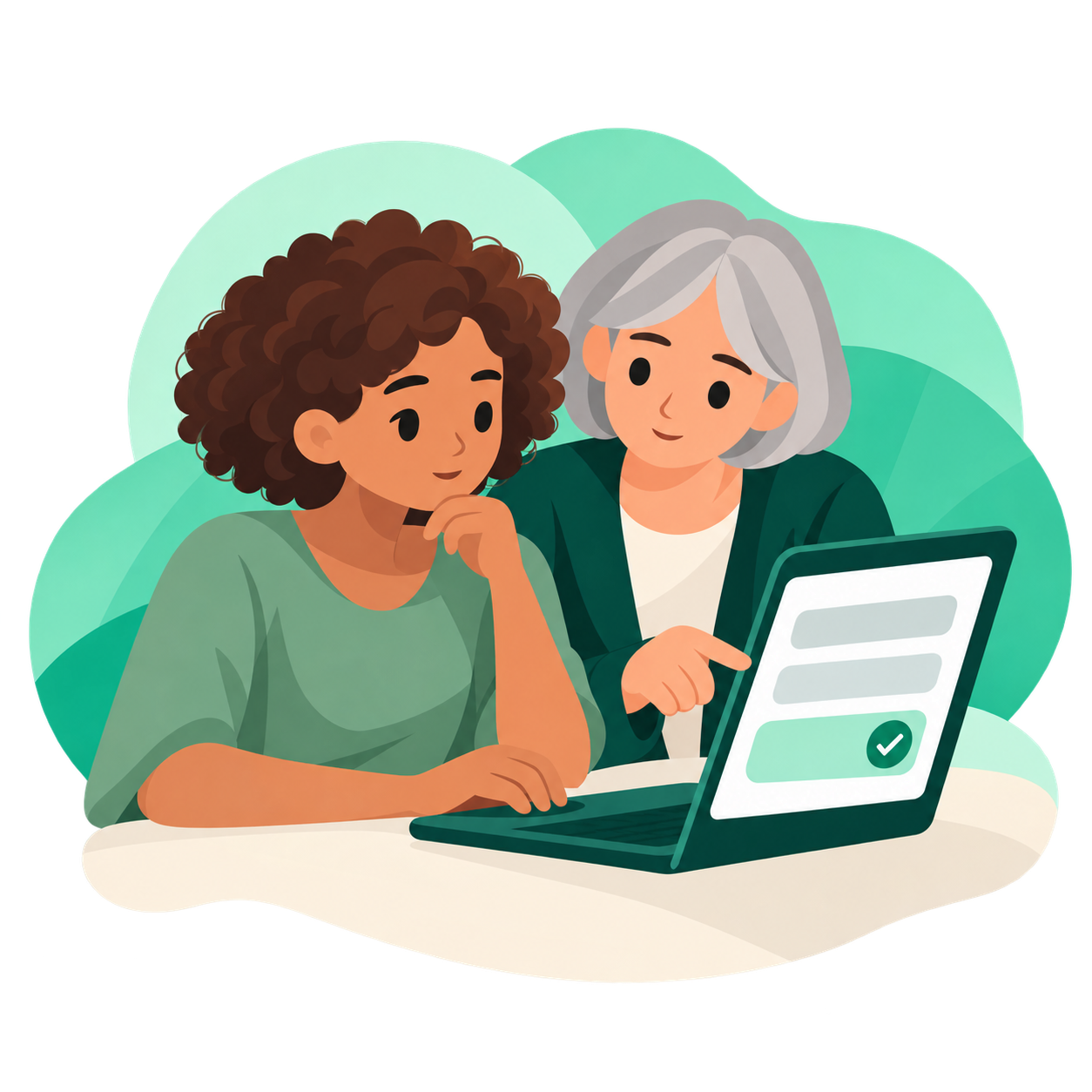 A person reviews a form on a computer with support from a trusted companion.
