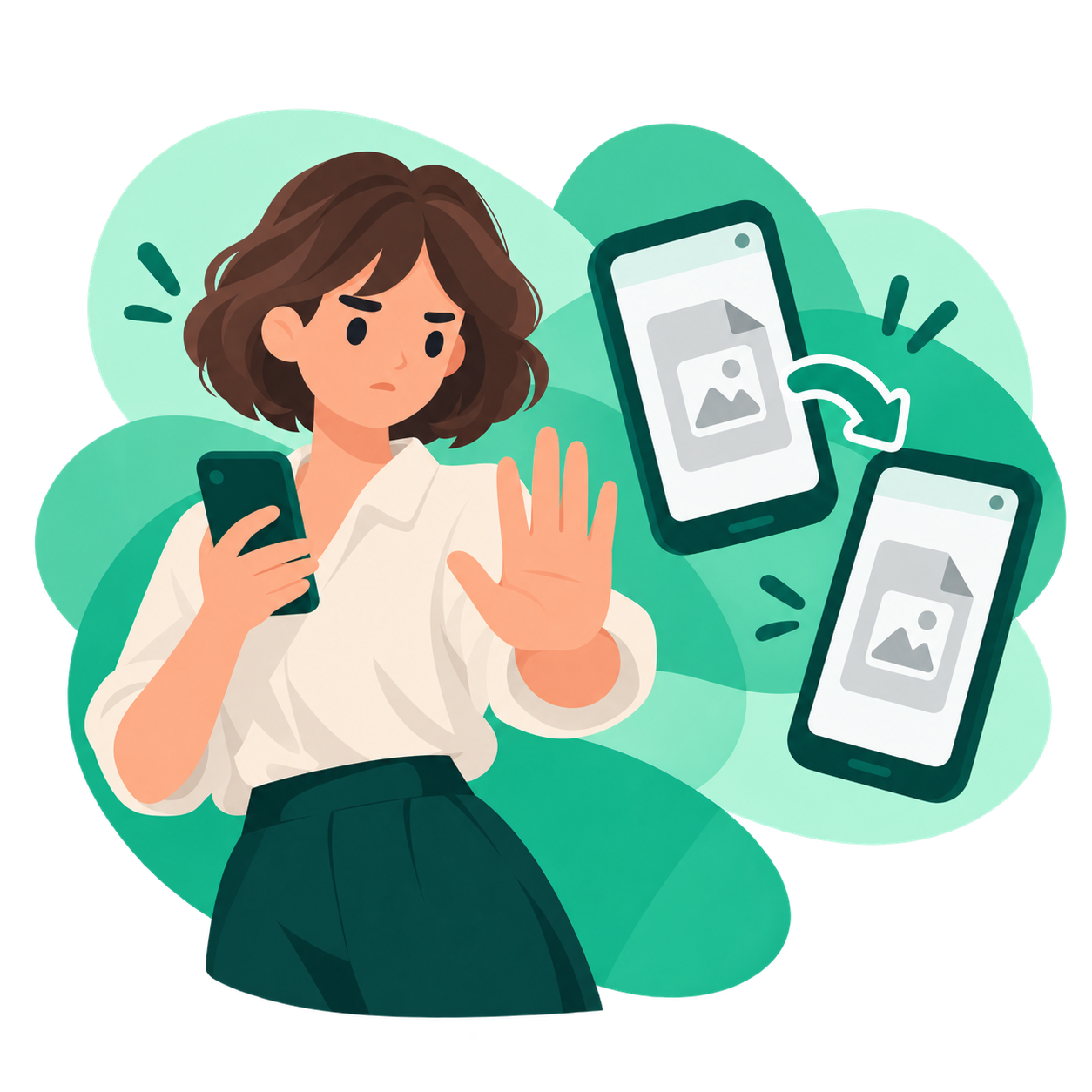 A woman makes a stop gesture as a file is forwarded between phones.