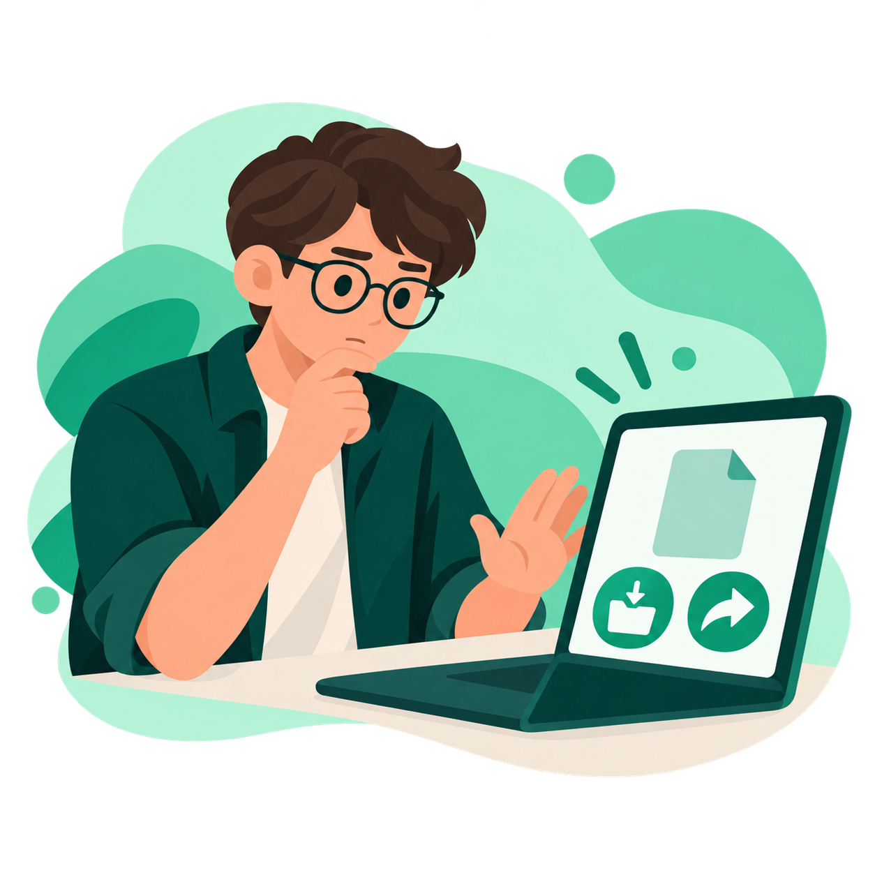 A person pauses to think before choosing whether to save or share a file on a computer.